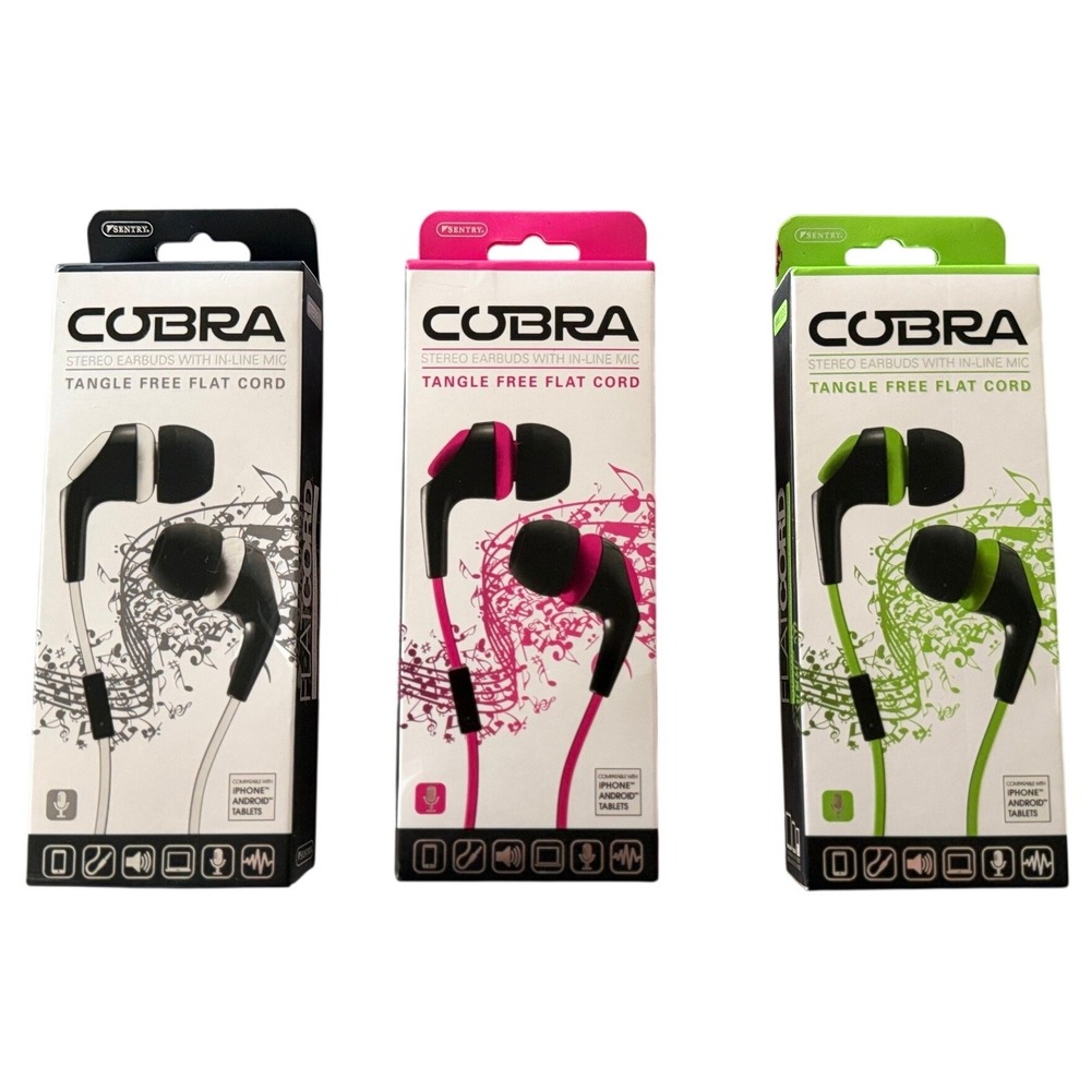 LOT 3 Sentry Cobra Stereo Earbuds with In-Line Mic Tangle Free Flat Cord HM630DG